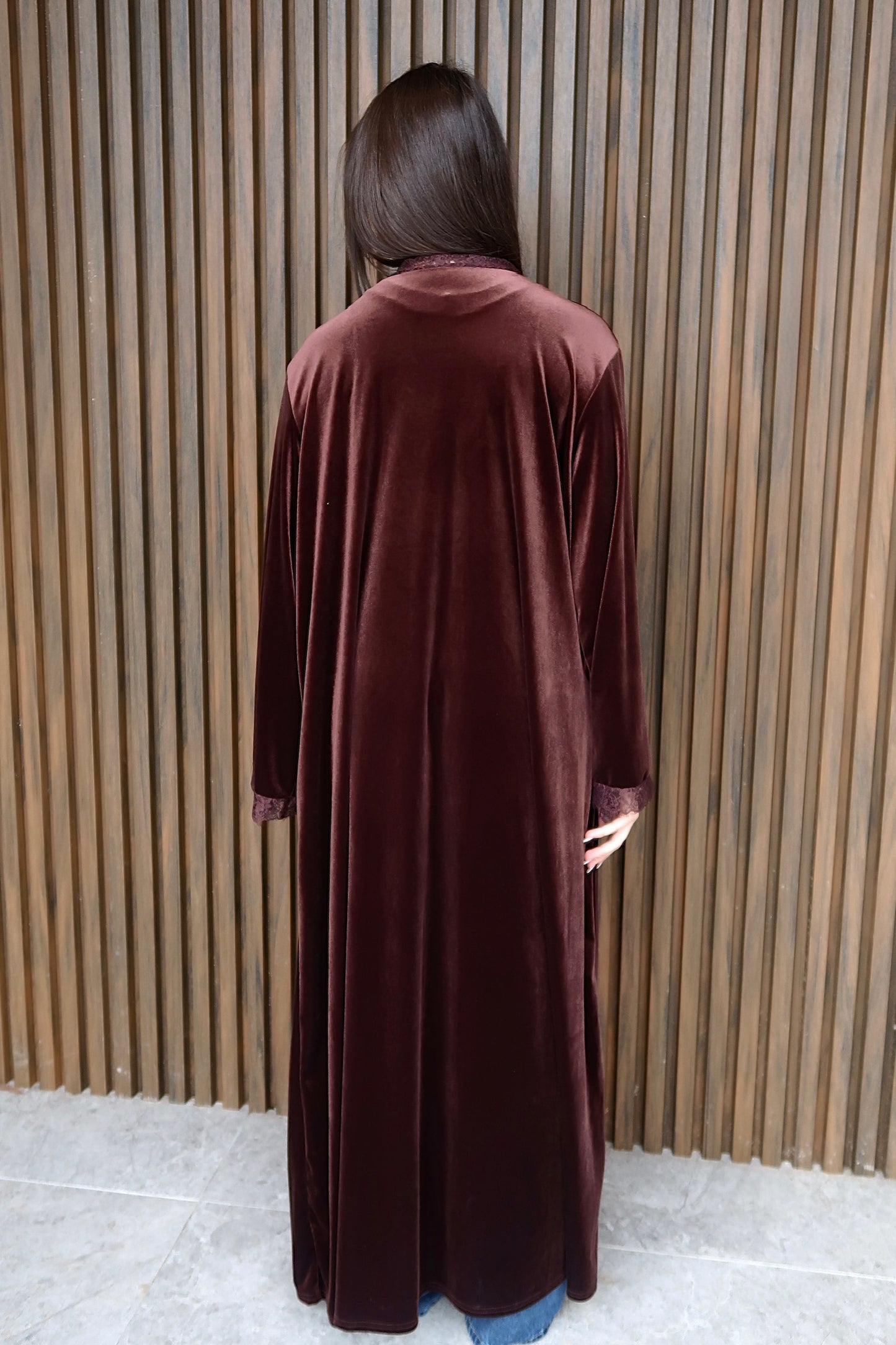 Velvet Lace trim Abaya - Brown