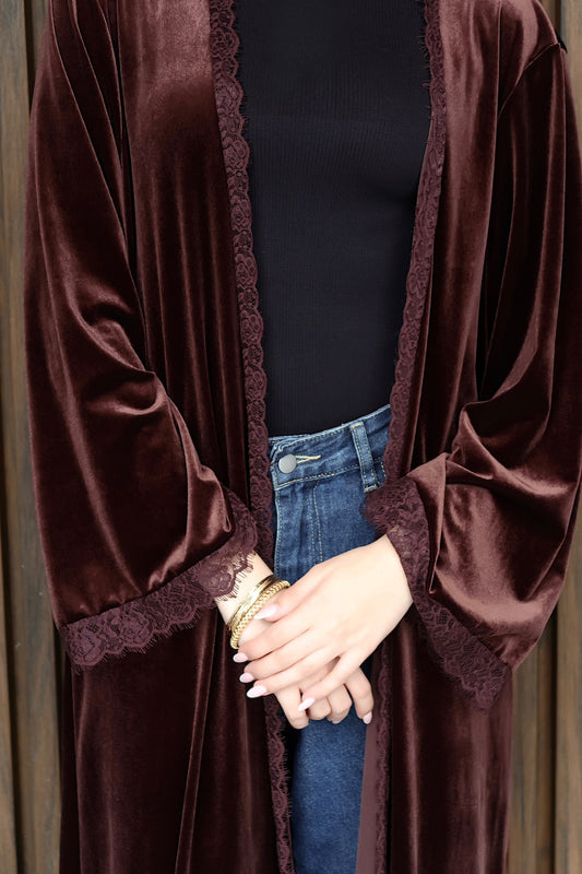 Velvet Lace trim Abaya - Brown