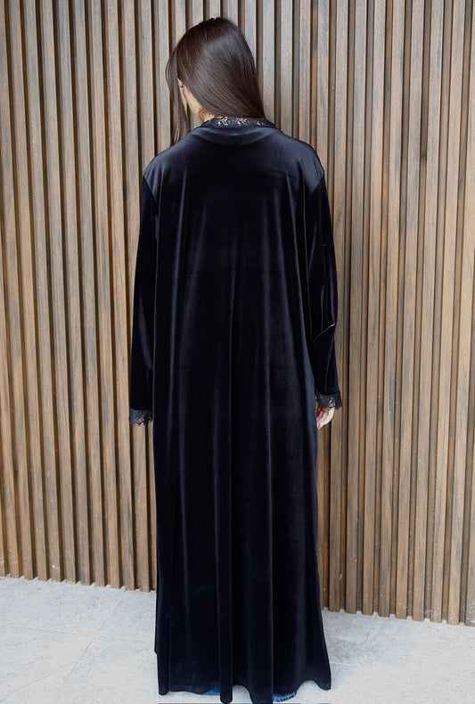 Velvet Lace Trim Abaya - Black