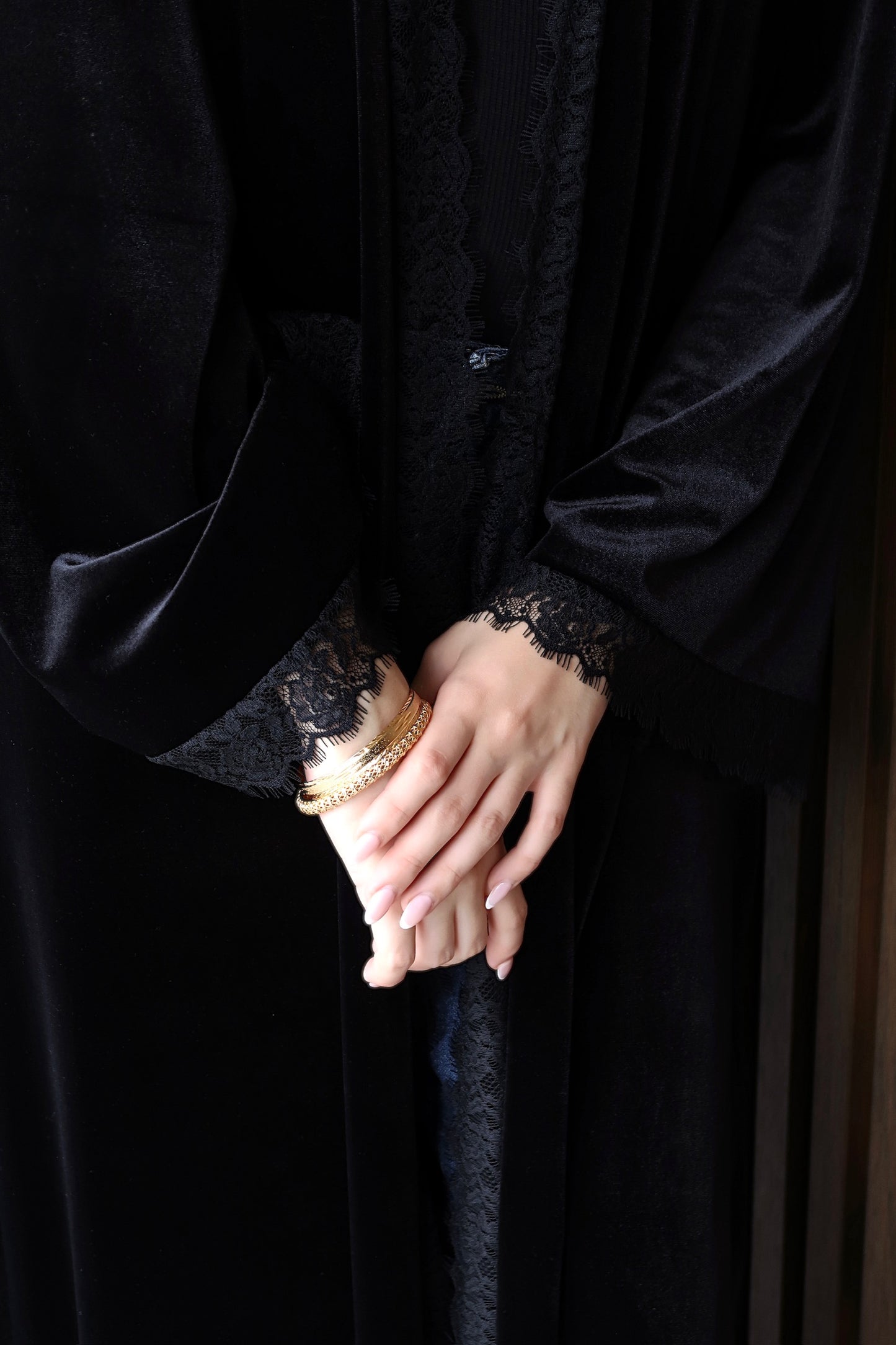 Velvet Lace Trim Abaya - Black
