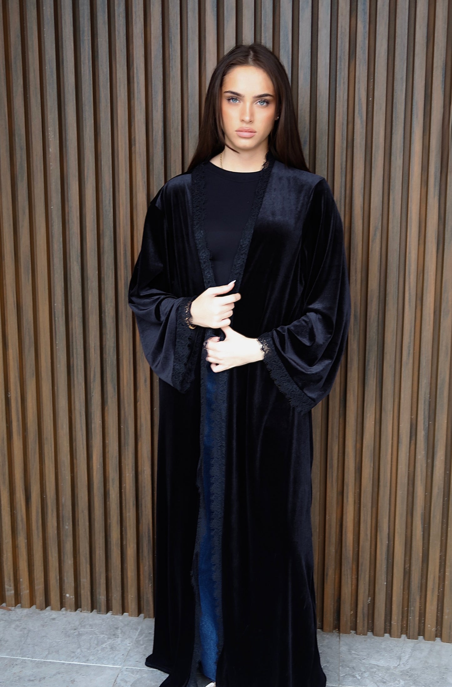 Velvet Lace Trim Abaya - Black