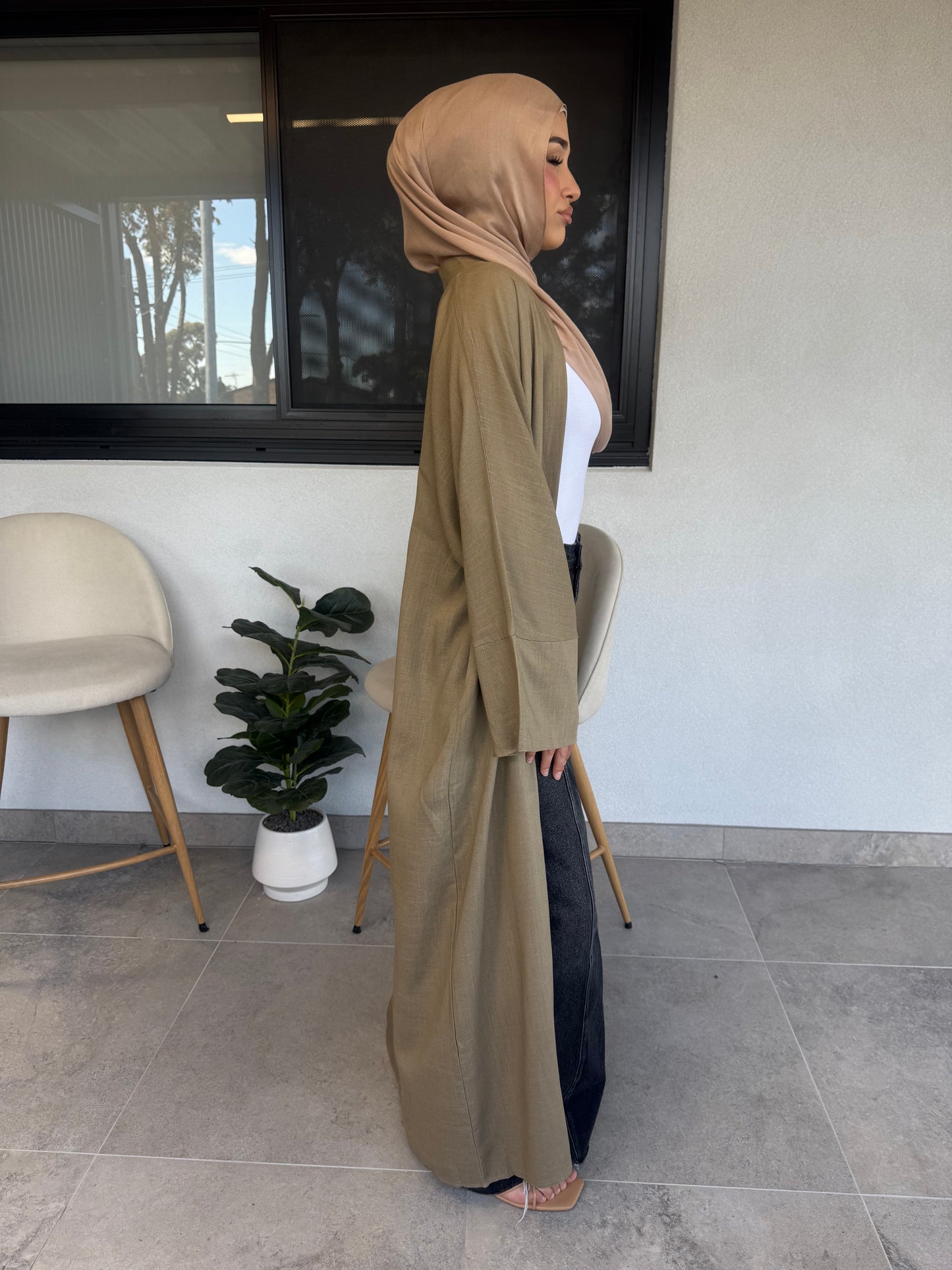 Amara Linen Open Abaya - Olive