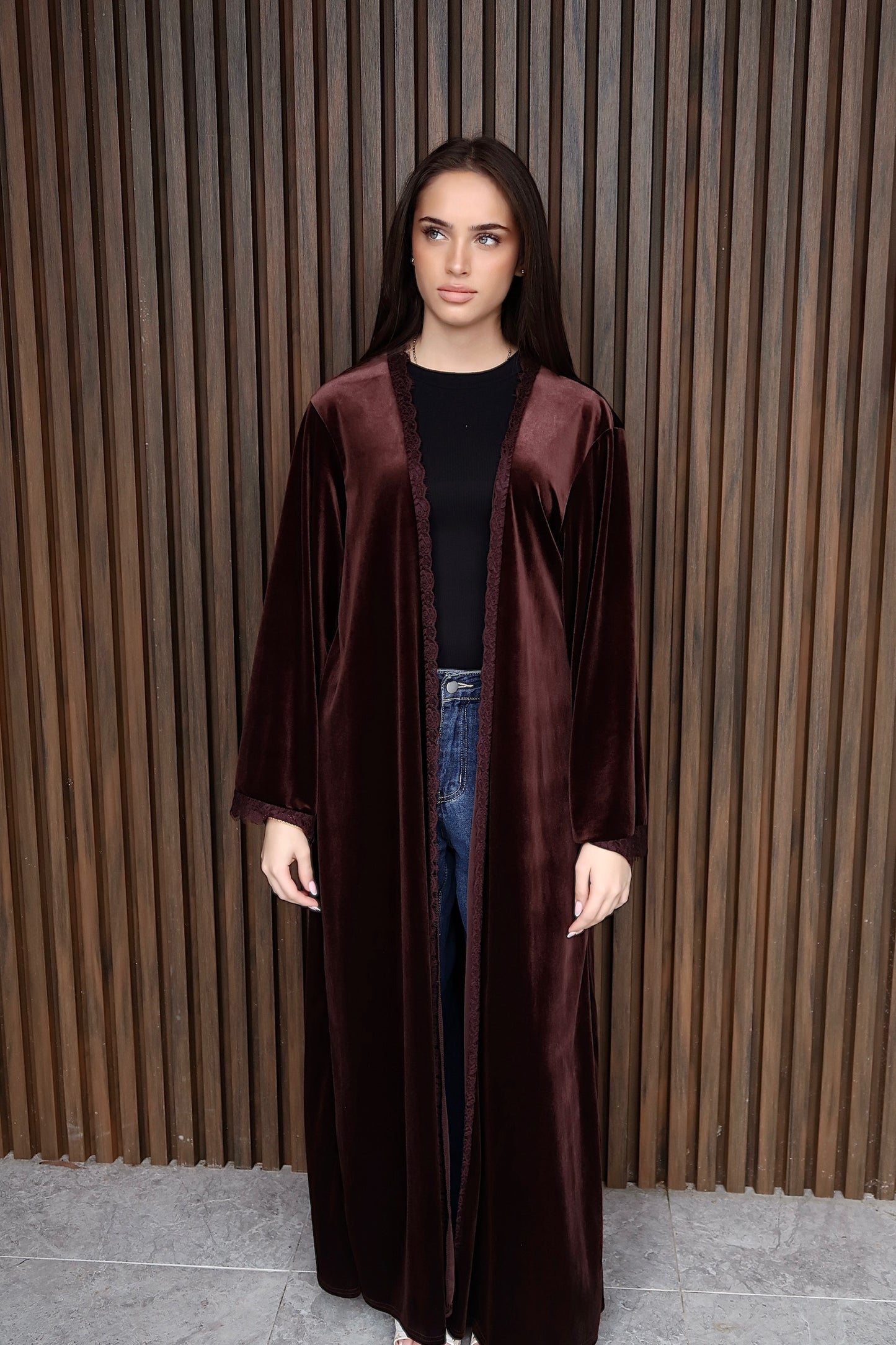 Velvet Lace trim Abaya - Brown