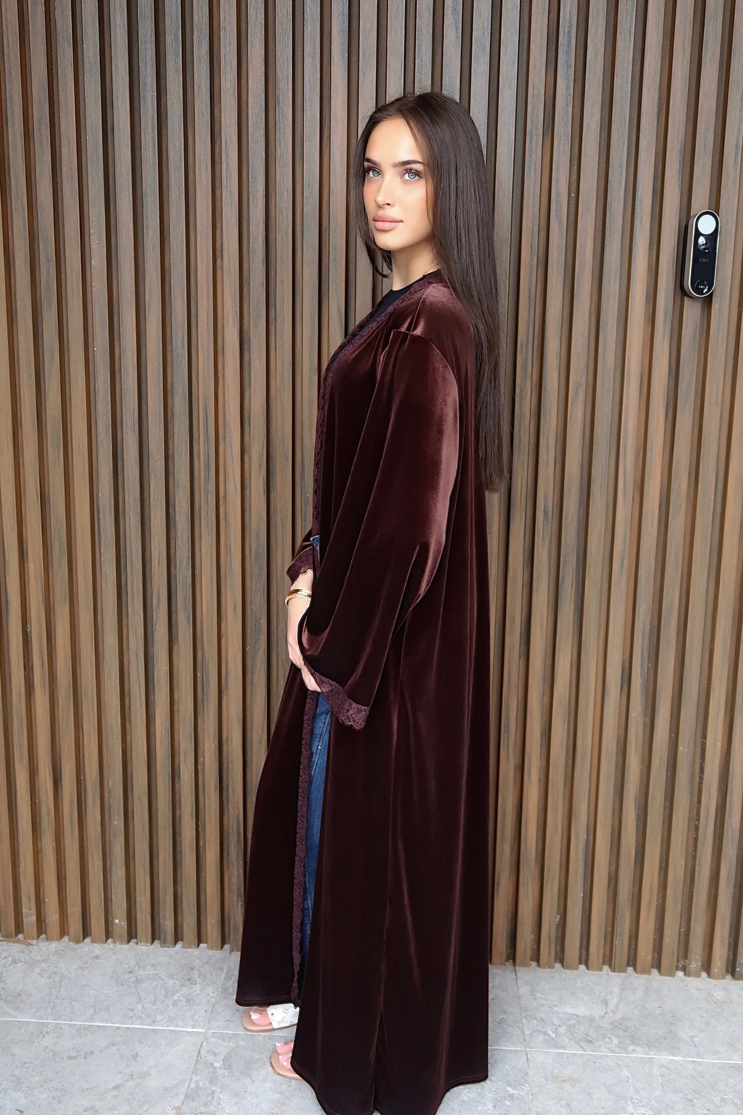 Velvet Lace trim Abaya - Brown